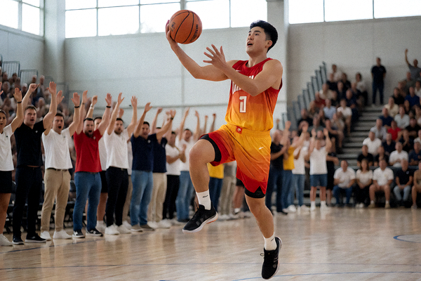 NBA篮球比赛现场球员突破上篮，场边观众起立欢呼的画面
